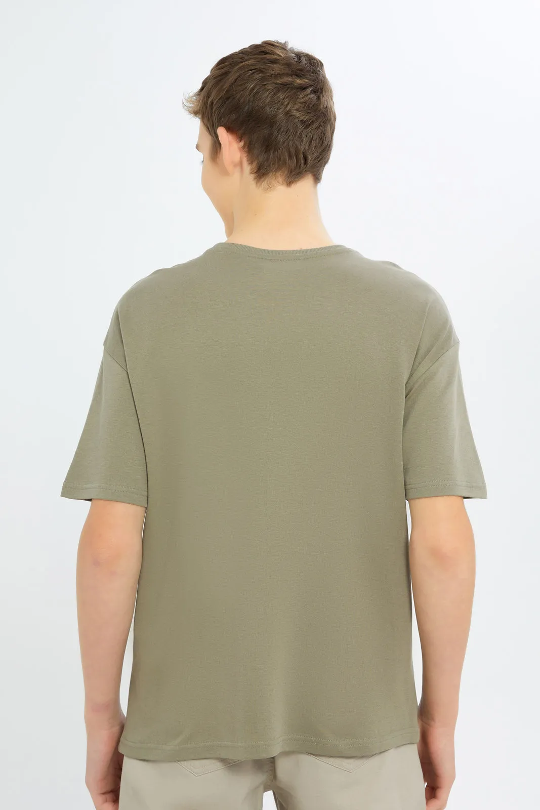 Senior Boys Olive Oversize Plain Pocket T-Shirt