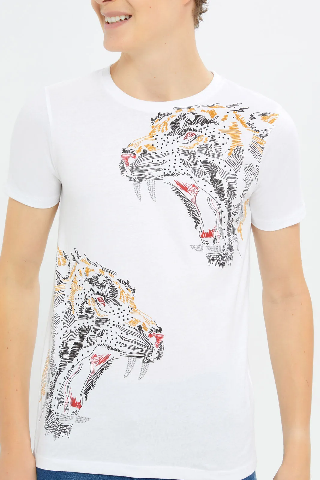 Senior Boys White Animal Face T-Shirt With Studs