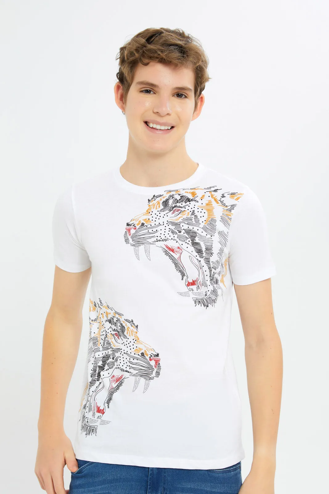 Senior Boys White Animal Face T-Shirt With Studs