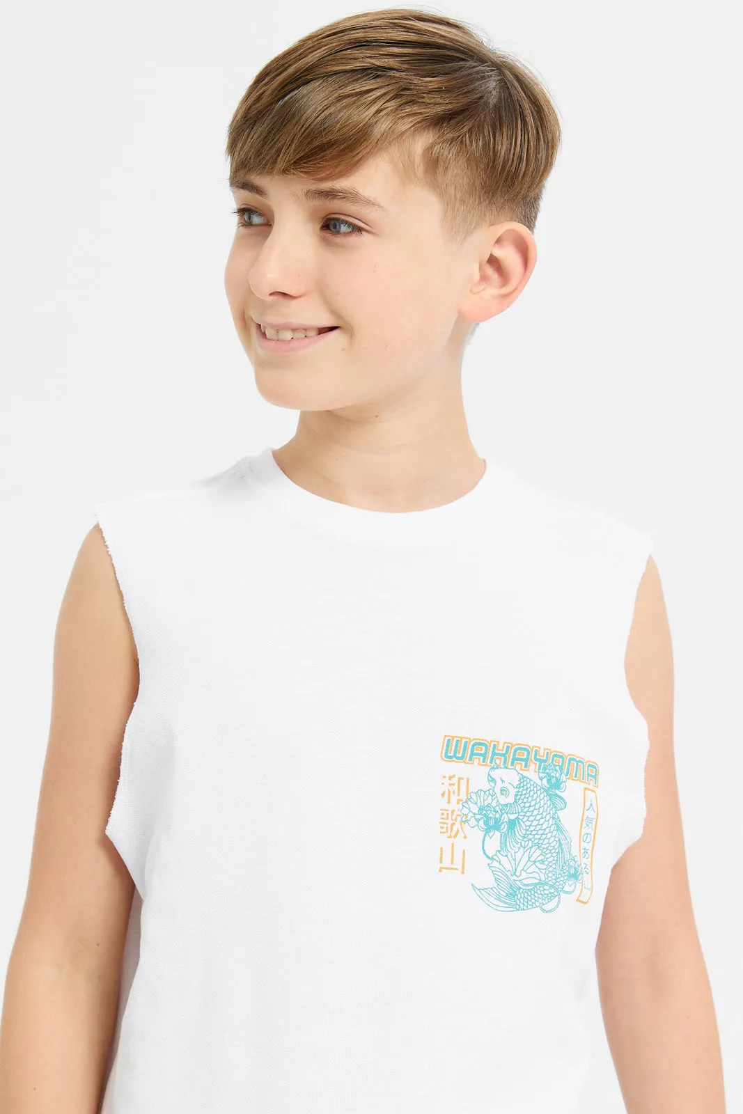 Senior Boys White Wakayama Sleeveless T-Shirt