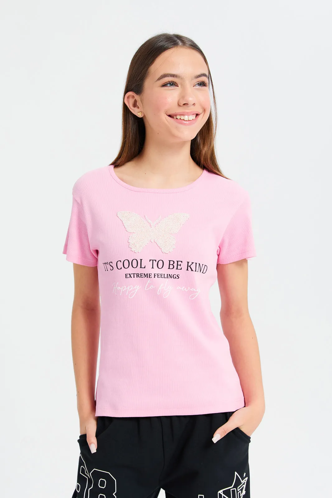 Senior Girls Pink Rib Top With Pearls