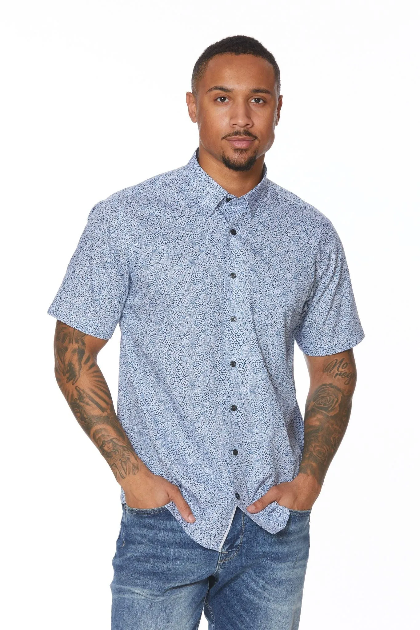 Sky Blue Casual Men's Hidden Button Down Short-Sleeve Shirt