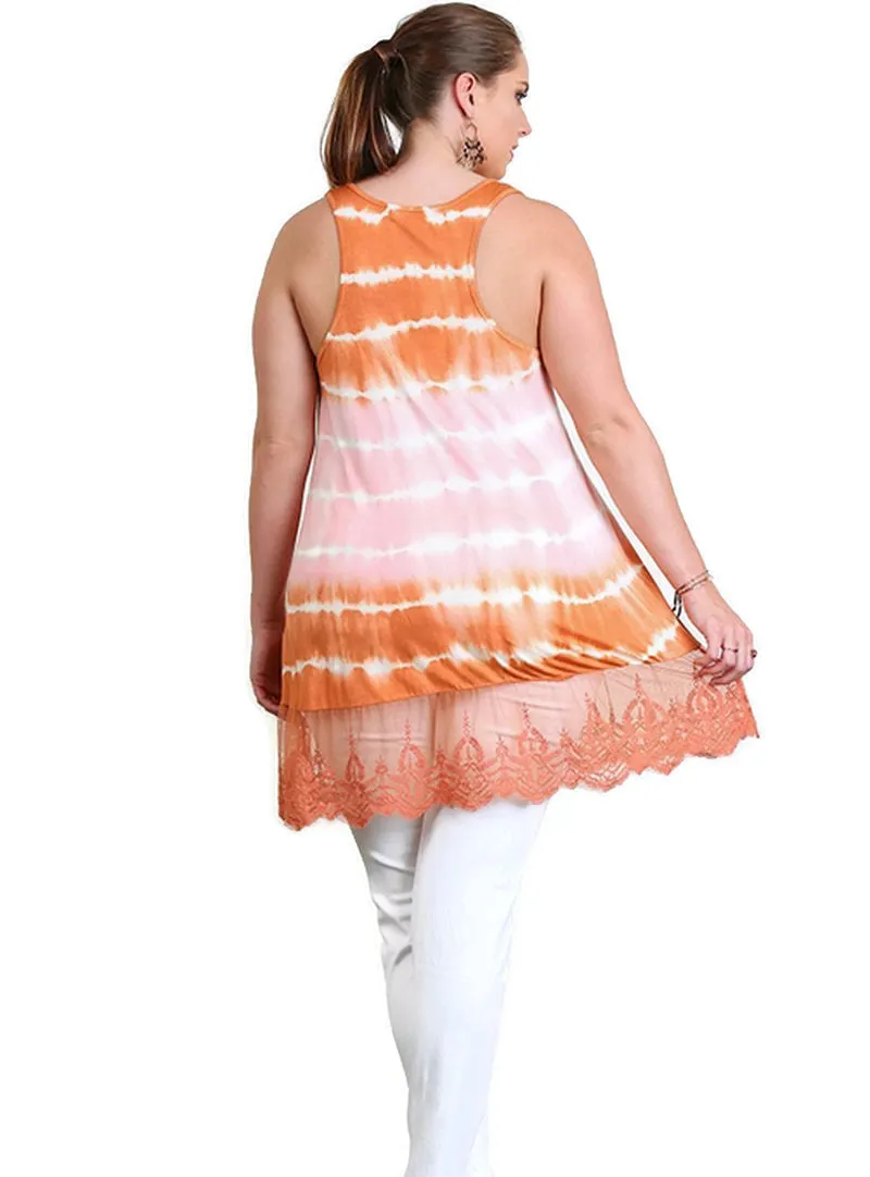 Sleeveless Tie Dye Lace Tunic, Peach & Camel