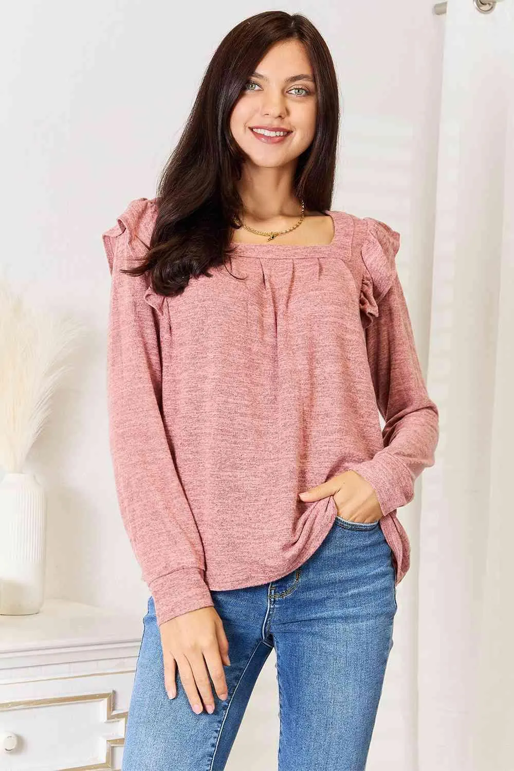 Square Neck Ruffle Shoulder T-Shirt