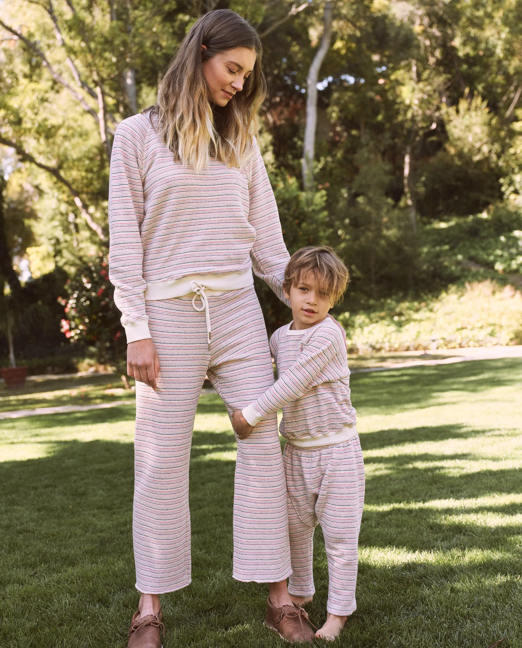 The Wide Leg Cropped Sweatpant. -- Washed White Colorful Stripe