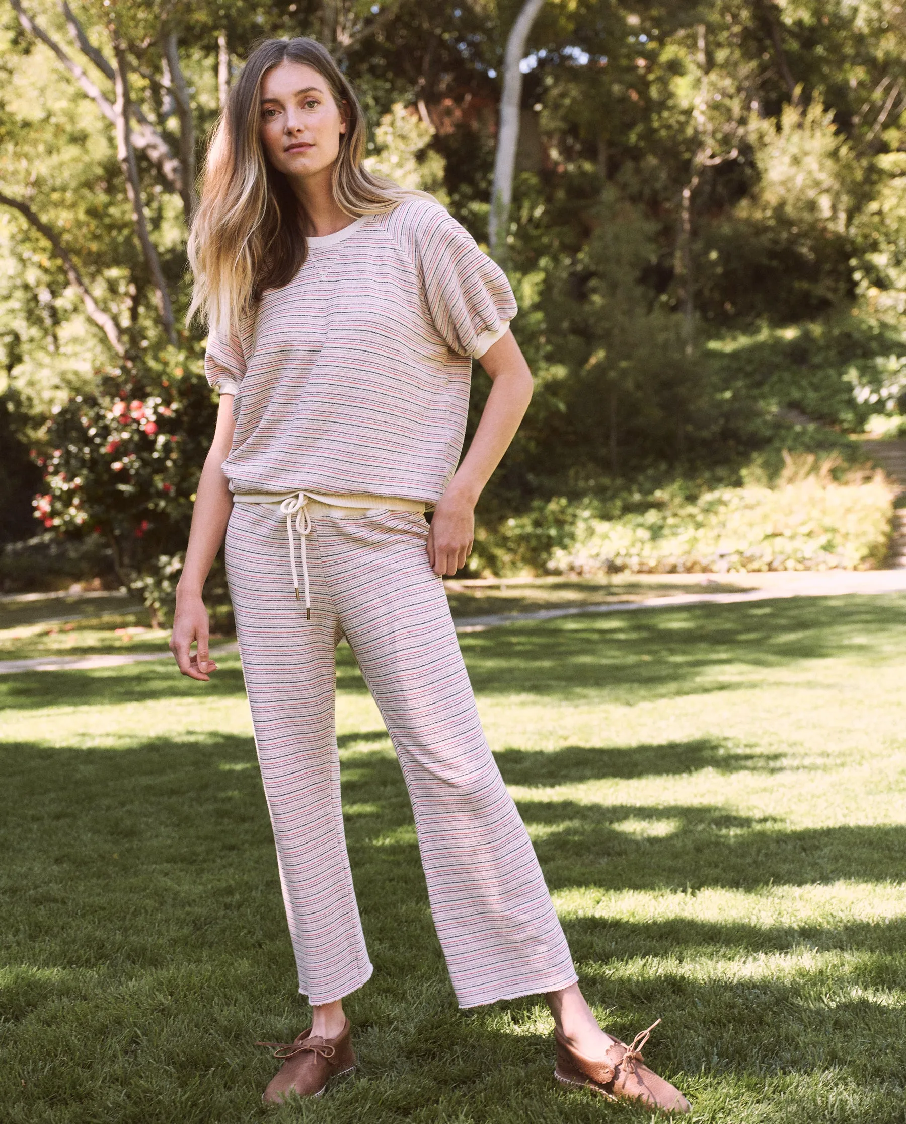 The Wide Leg Cropped Sweatpant. -- Washed White Colorful Stripe