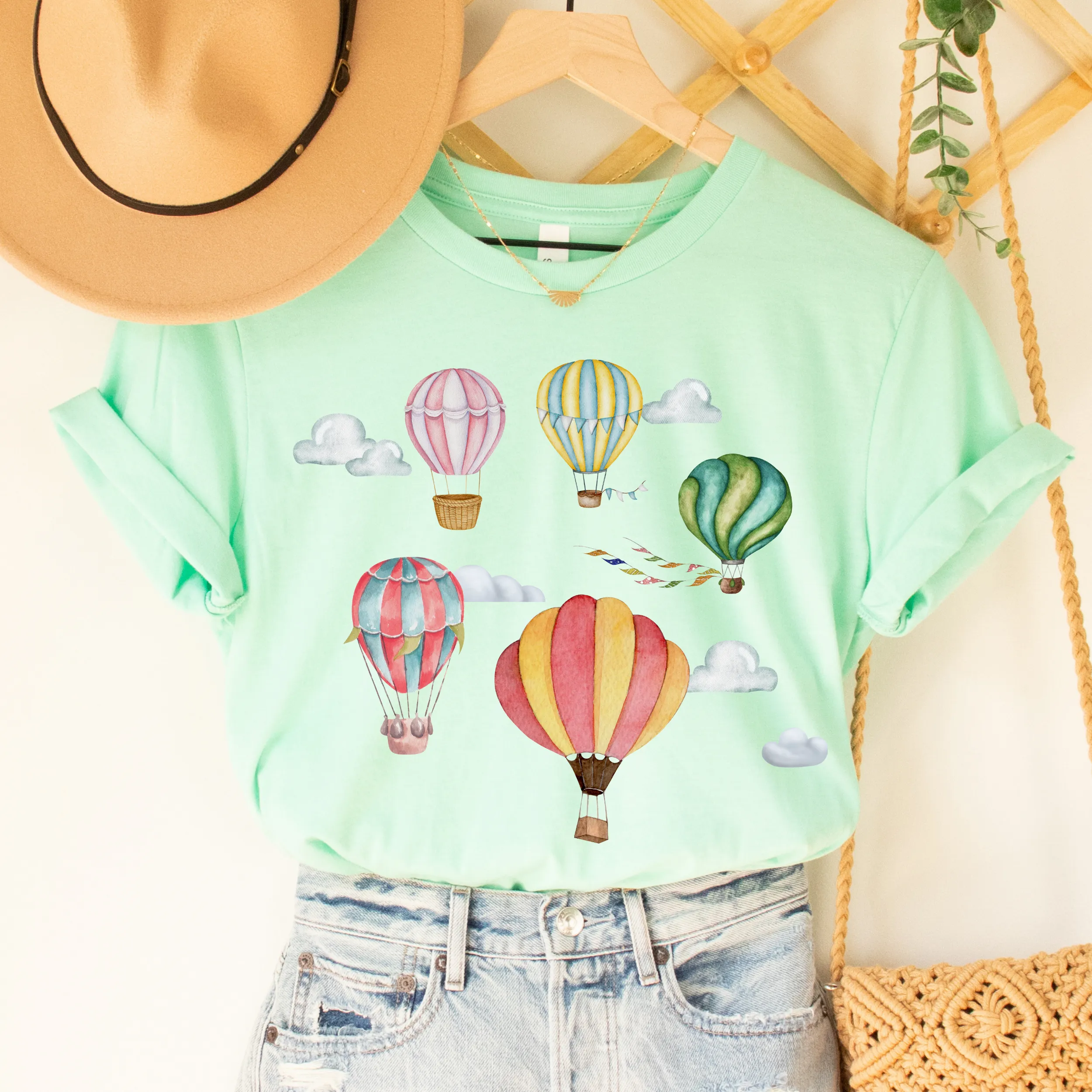 Watercolor Hot Air Balloons Women's T Shirt Soft Bella Canvas Spring Shirt Unisex Pastel Balloons Shirt Hot Air Ballon Festival Shirt