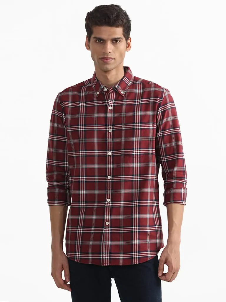 WES Casuals Checked Wine Relaxed-Fit Shirt