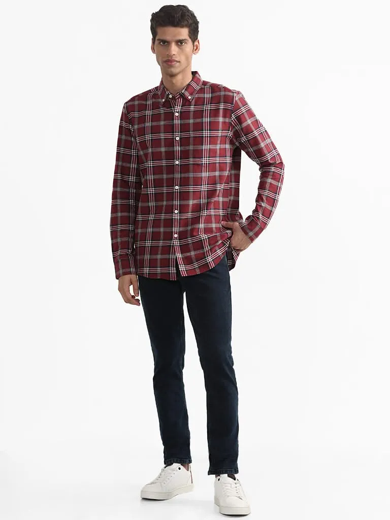 WES Casuals Checked Wine Relaxed-Fit Shirt