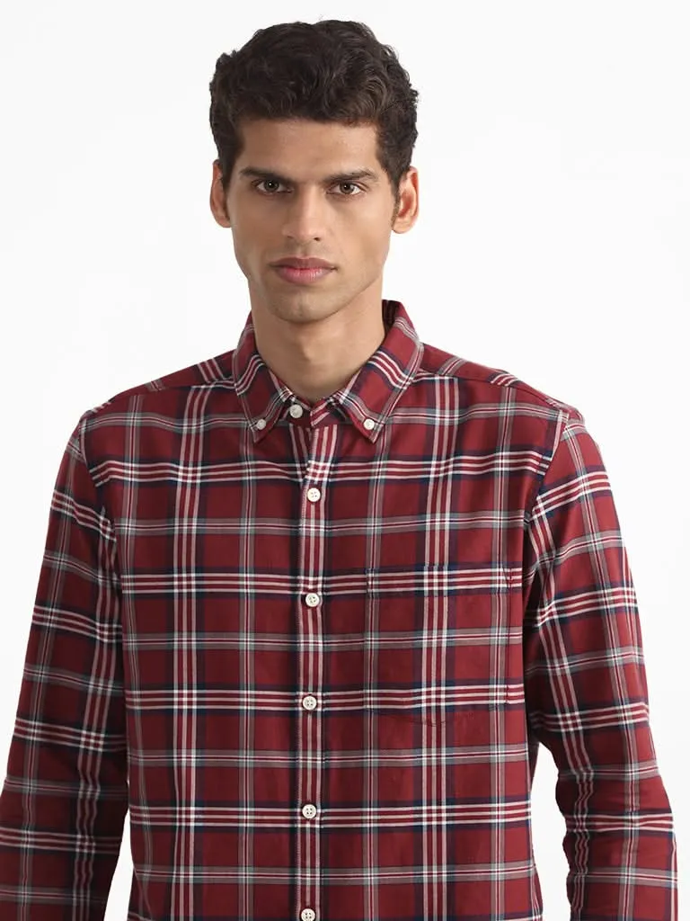 WES Casuals Checked Wine Relaxed-Fit Shirt