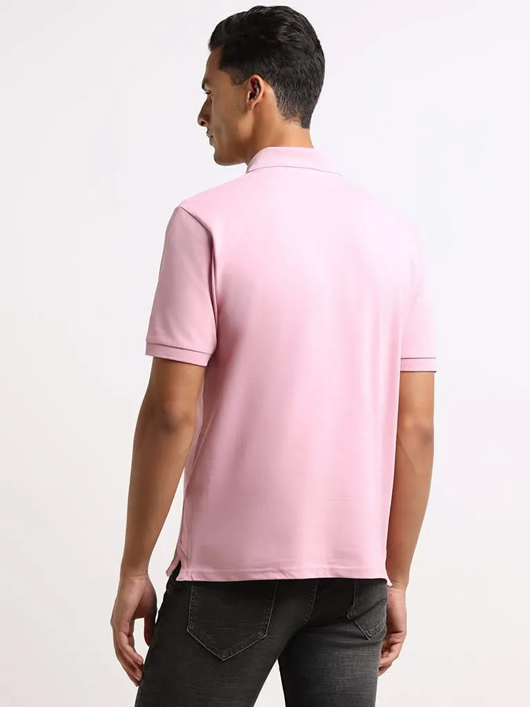 WES Casuals Pink Cotton Blend Relaxed Fit Polo T-Shirt