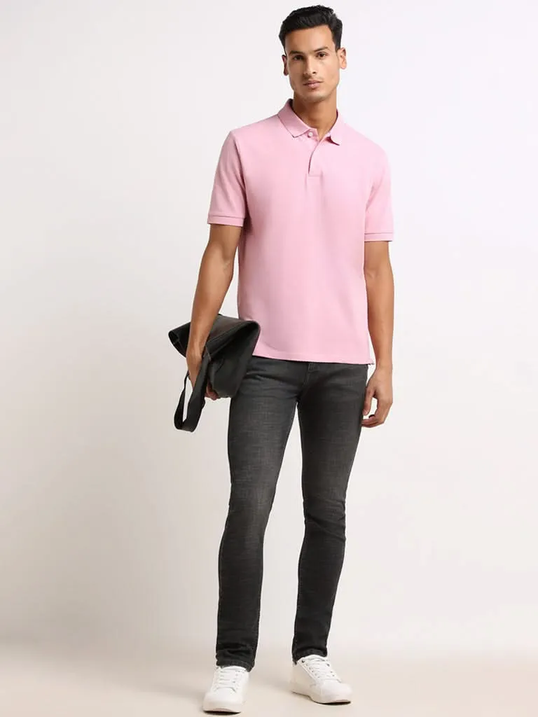 WES Casuals Pink Cotton Blend Relaxed Fit Polo T-Shirt