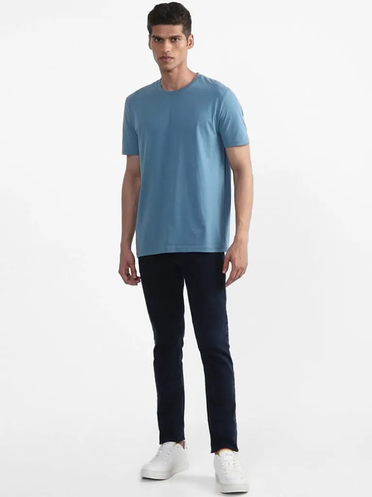 WES Casuals Plain Light Teal Cotton Slim-Fit T-Shirt