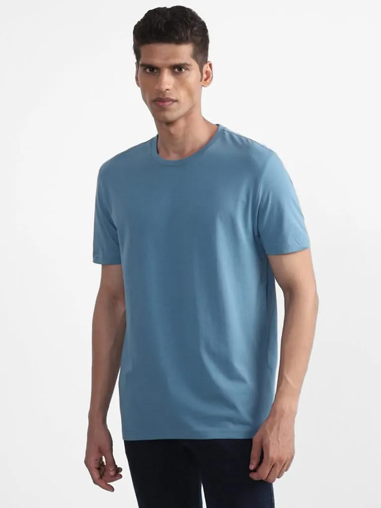 WES Casuals Plain Light Teal Cotton Slim-Fit T-Shirt