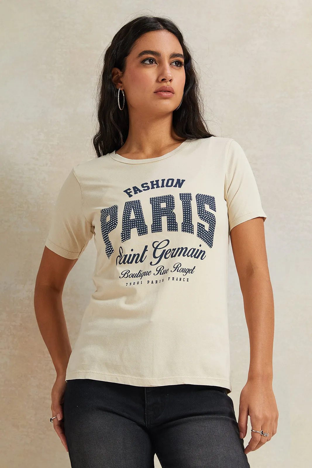 Women Beige Rhinestone Embellished T-Shirt