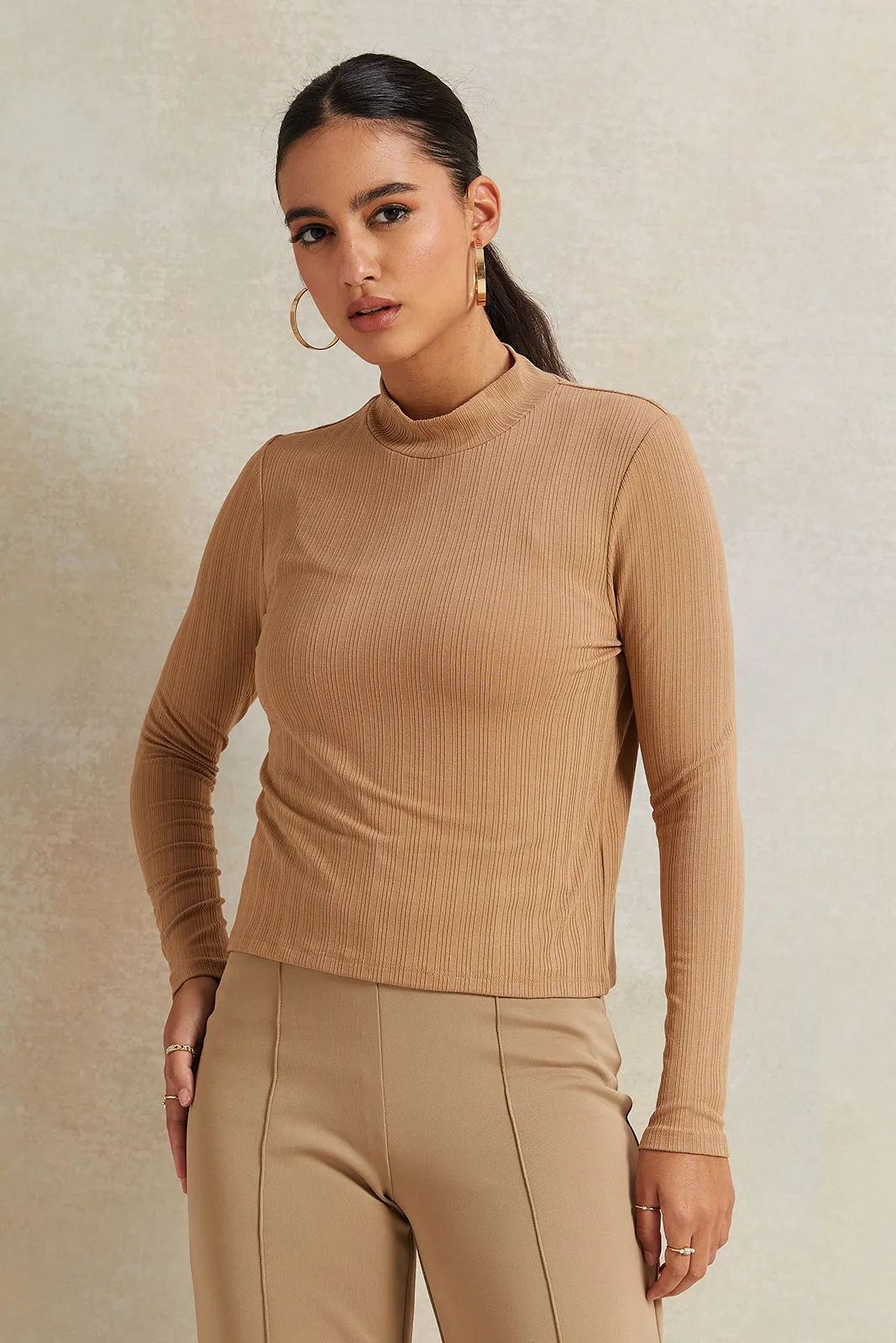 Women Brown Ribbed High Neck T-Shirt