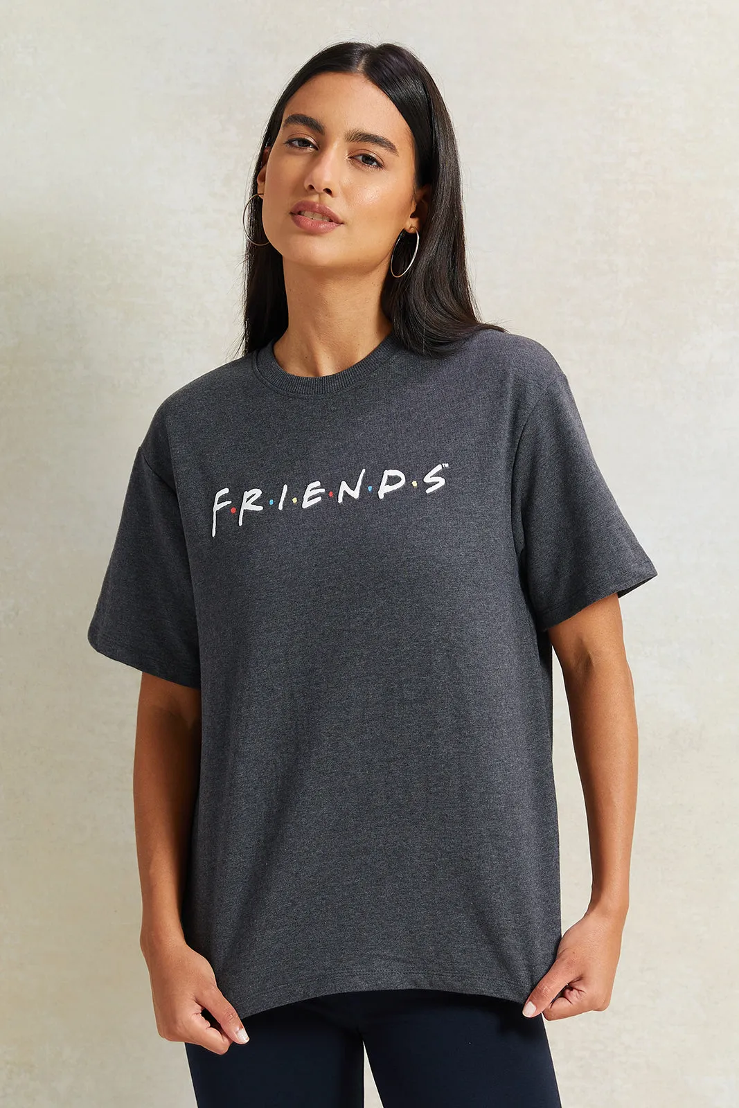 Women Charcoal Friends Oversized Printed T-Shirt