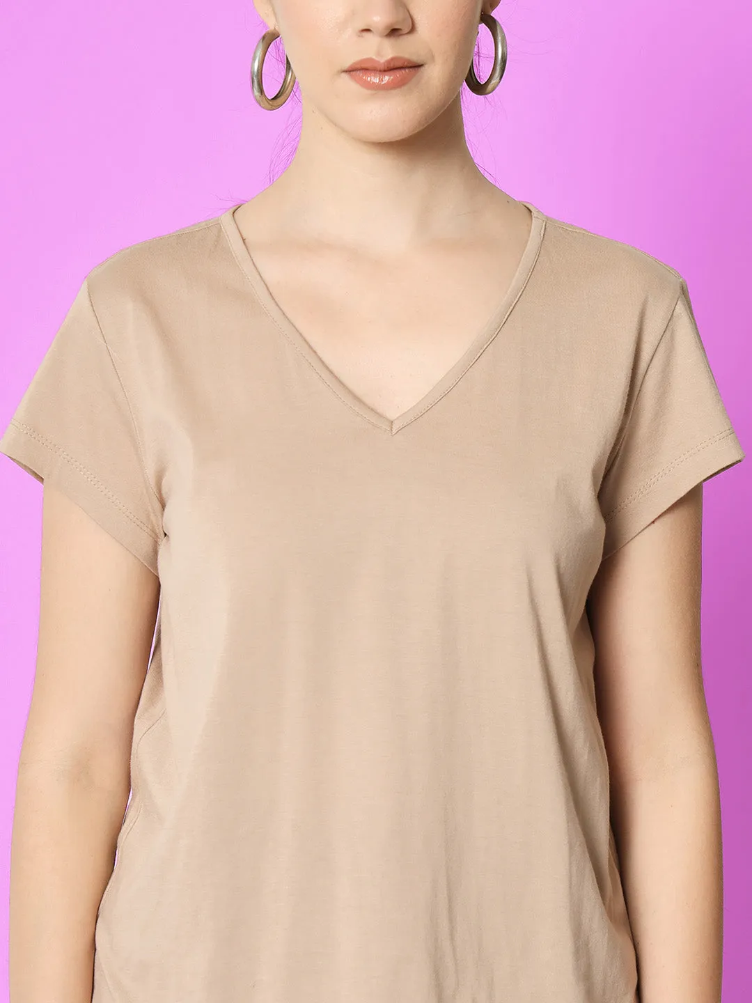 Women Cream-Coloured V-Neck Extended Sleeves Loose T-shirt