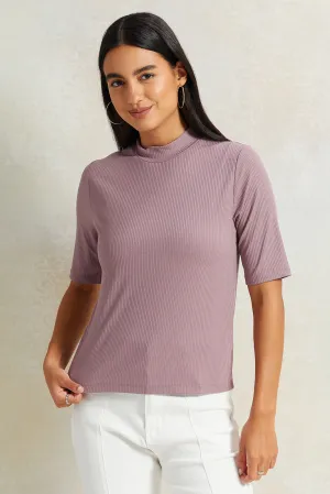 Women Lilac Rib Solid T-Shirt