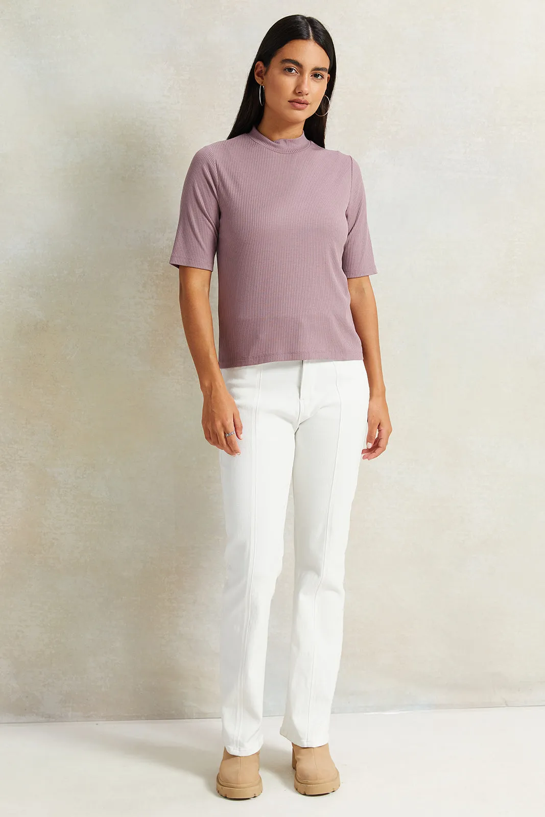 Women Lilac Rib Solid T-Shirt