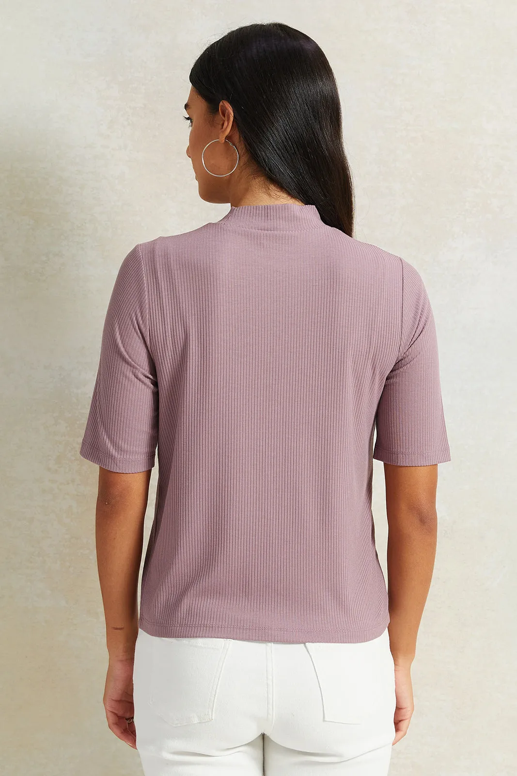 Women Lilac Rib Solid T-Shirt