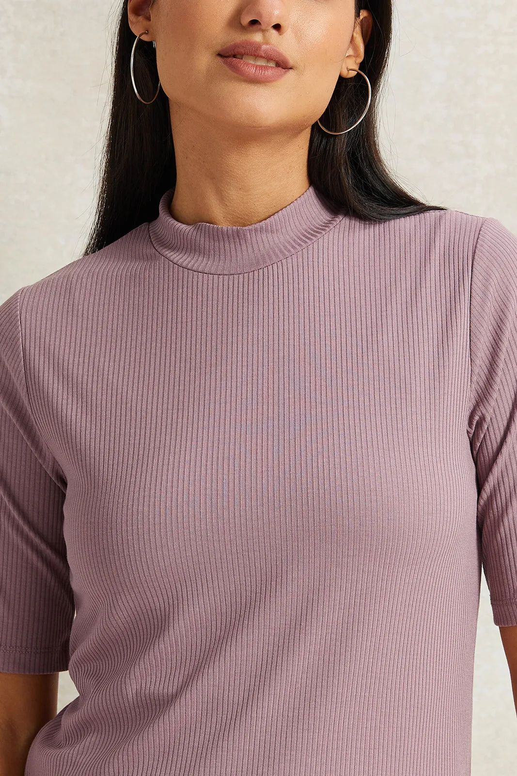 Women Lilac Rib Solid T-Shirt