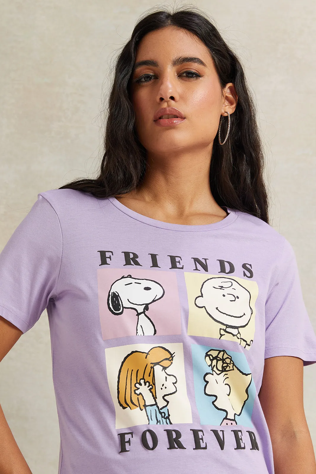 Women Lilac Snoopy Printed T-Shirt