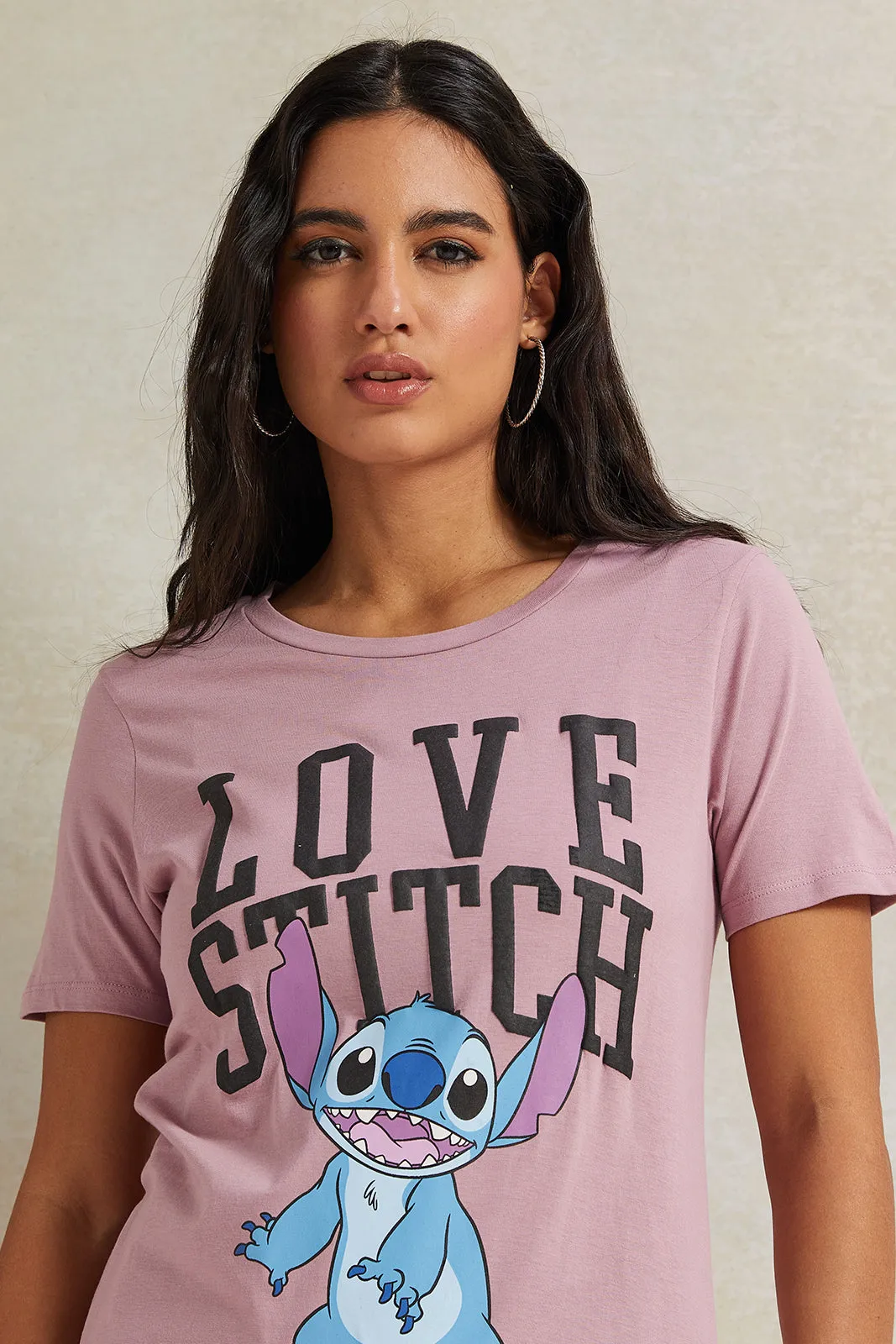 Women Mauve Stitch Printed T-Shirt