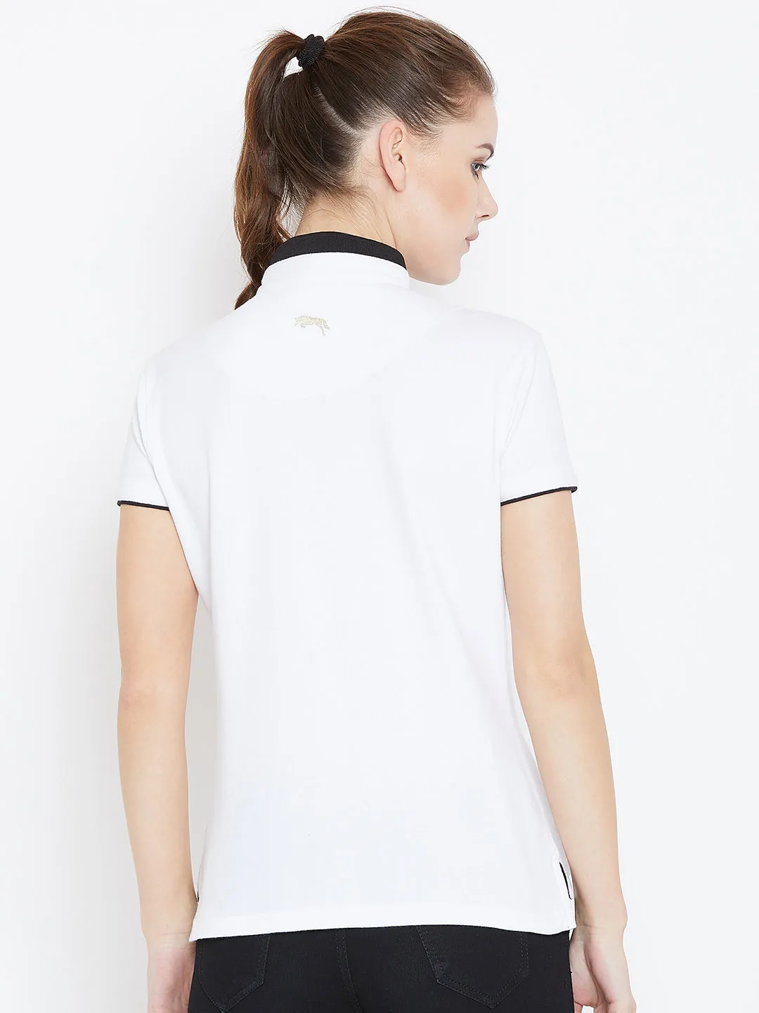 Women White Solid Casual Polo T-shirts