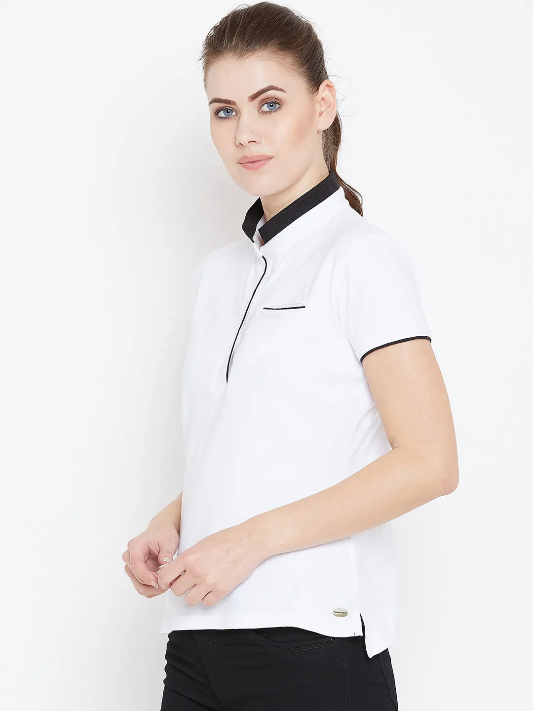 Women White Solid Casual Polo T-shirts