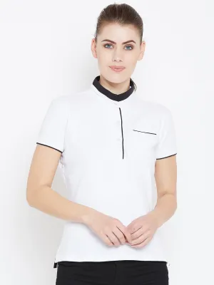 Women White Solid Casual Polo T-shirts