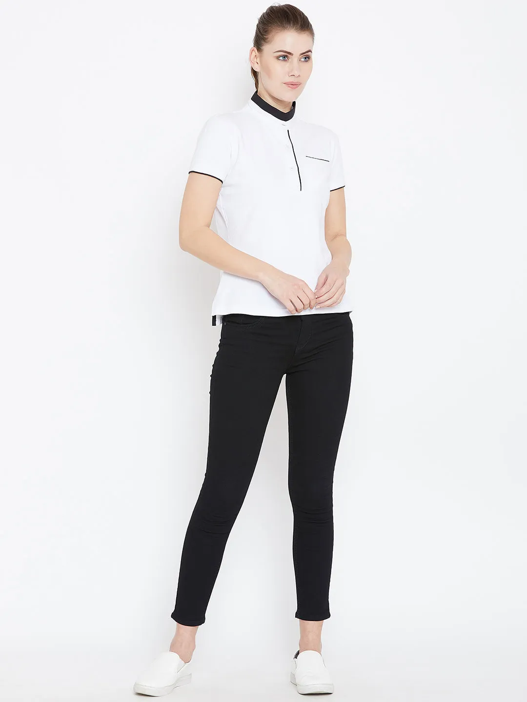 Women White Solid Casual Polo T-shirts